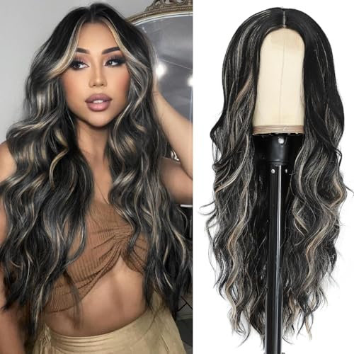 PORSMEER Lange Schwarz mit blond Highlights Wellig Perücke, 66cm Mittelscheitel Lockige Perücke Natürliche Hitzebeständig Synthetische Perücke für Frauen Tägliche Party