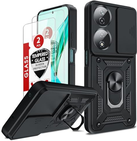 LeYi for Honor 90 Smart 5G / Honor X7b Case, Camera Lens Slide Design, 2 Pack Screen Protectors, Military Shockproof Phone Cover with Ring Stand Holder Phone Case for Honor 90 Smart, Black