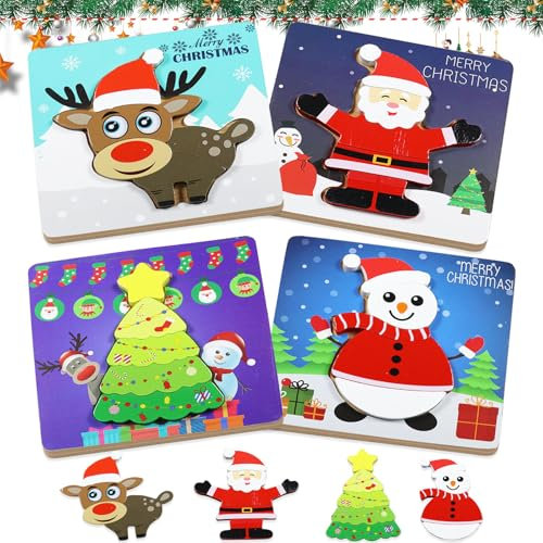 Giugio Holzpuzzle Weihnachten Baby Spielzeug, Weinachts Geschenke Für 1-3+Jahr Kinder, 4 Stück Montessori Holz Puzzle Weihnachtsbaum Santa Schneemann Learning Educational Toys (A)