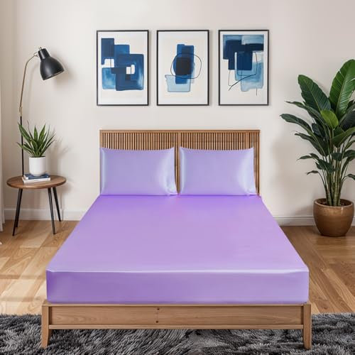 3 Pcs Satin Fitted Sheet Bedding Set 1 Fitted Sheet and 2 Pillowcases - 40 cm Deep Pocket Satin Silky Bed Sheet - Breathable Non-Iron Good for Hair and Skin - (Lilac, Double)