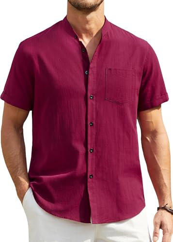 Enlision Mens Linen Cotton Shirts Short Sleeve Collarless Grandad Shirt for Men Button Up Summer Wedding Casual Henley Cheesecloth Henley Top Red L