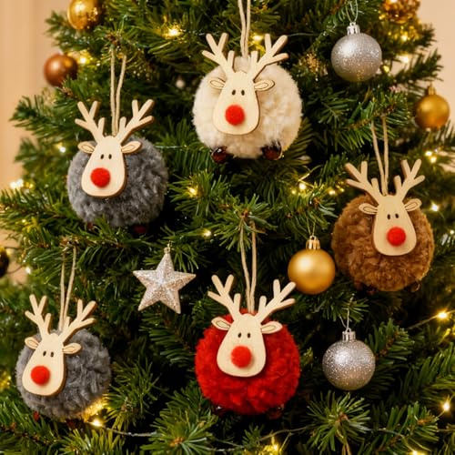 Dmnnlp 8 Stück Weihnachtsbaum Anhänger, Filz Holz Weihnachtsbaum Elch Deko für Weihnachtsdekoration Party Feiertag Deko