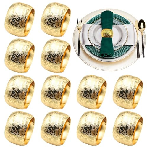 Fractoluxe Serviettenringe Gold 12 Stück Elegante Metall Serviettenring Serviettenschnallen Blätter Serviettenring Gold Napkin Rings für Tischdekoration Weihnachten Thanksgiving Hochzeitsfeier