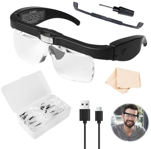 Lupenbrille mit Licht, Kopf Lupenbrille mit Licht, LED Kopfbandlupe USB Wiederaufladbare LED Beleuchtete Lupe, Kopflupe Stirnlupe Brillenlupe mit 3 LED Licht, 5 Linsen 150D 250D 2.0X 3.0X 4.0X
