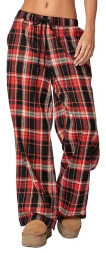 Geagodelia Damen Pyjamahose Sommer Pyjama Hosen Schlafhose Leichte Gestreifte Lange Hose Y2k Lounge Pants Sommerhose Freizeithose Nachtwäsche (G - Rot Schwarz Karierte, S)