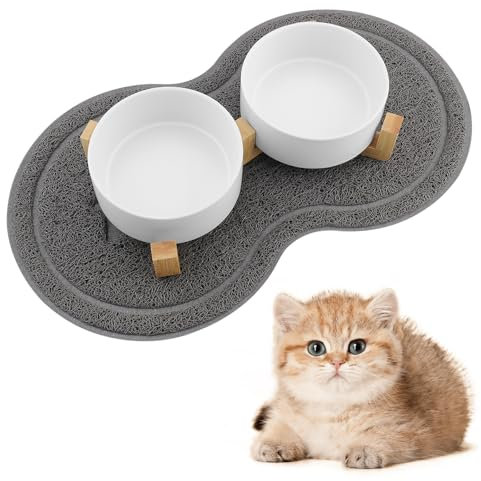 Zosenyer Katzennapf, 2 Stück Keramik Futternapf Katze Set, 3-in-1 rutschfeste Katzennäpfe mit Holzstände und Matten, Fressnapf und Wassernapf für Katzen und Kleine Hunde