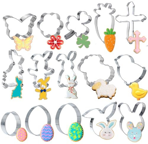 LXBCTOP Easter Cookie Cutters Set-15 Piece, Cookie Cake Cartoon Baking Cutter Molds, Cookie Cutter Set Stainless Steel Rabbit, Flower, Carrot, Chick, Butterfly, Easter Egg etc