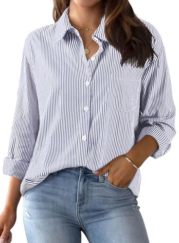 Xnova Women's Striped Button Down Shirts Collared, Classic Cotton Blouse Tops V Neck with Pocket, Long Sleeve Pinstripes Oversized Blouses T-Shirts Office Work Casual (Blue, M)