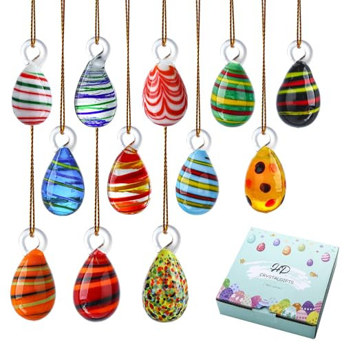 HDCRYSTALGIFTS Osterbaum-Ornamente aus geblasenem Glas, Mehrfarbig, Mini-Glaseier zum Aufhängen, Dekoration für Baumkorb, Basteln, Ostern, Partygeschenke, 12 Stück