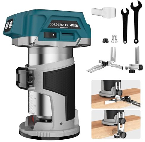 800 W schnurloser, kompakter Holzfräser für Makita 18 V Akku, 6 Geschwindigkeiten, verstellbar, 30.000 U/min, elektrische Handarbeitstrimmer, Handflächenfräser mit Kanten- und Rollenführung