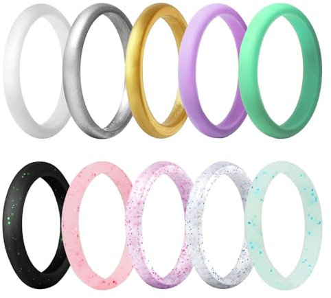 Uwiyo 10 Pack Silicone Wedding Rings for Women, 2.7mm Breathable Designed Silicone Wedding Ring Rubber Band Ring Thin Wedding Bands, Colorful, Comfortable fit, Skin Safe (Mix Color, 8)