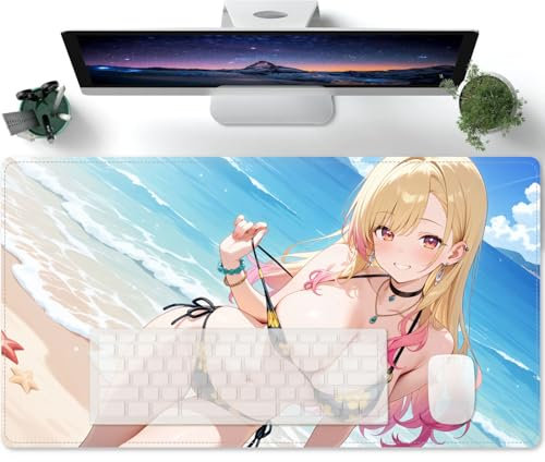 Mauspad Sexy Anime Girl Cute Lange Mousepad Große Schreibtischunterlage Matte mit Rutschfester Basis genähte Rand Tastatur Matte für Büro Schreibtisch 600x300mm
