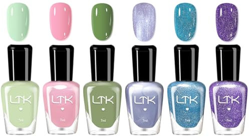 Quick Dry Nail Polish Set, 6Pcs Summer Colors Pastel Nail Varnish Kit, Long Lasting Pink Mint Green Glitter Blue Purple Beach Nail Polish- No Need Cure Nail Gel Polish Non-Toxic for Home Nail Art
