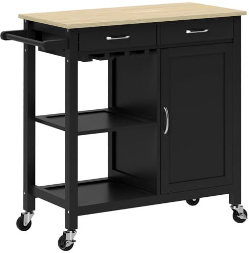 HOMCOM Carro de Cocina Clásico con 2 Cajones y Ruedas, Isla de Cocina de Madera con 2 Puertas de Armario Que Ahorran Espacio y 89x40x84cm, Negro