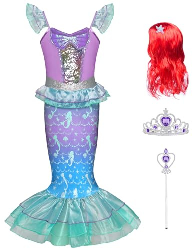AYBUY Prinzessin Kleid Mädchen, 4-Teiliges Set Prinzessin Kostüm Mädchen mit Perücke, Krone und Zepter, Kostüm Kinder für Karneval Party Halloween Weihnachten Cosplay (140)