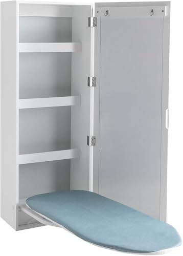 Armadietto da stiro da parete con asse da stiro integrato e gamba di supporto pieghevole, design salvaspazio con specchio, per casa e appartamento
