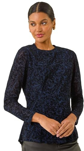 Roman Originals Flock Mesh Textured Top for Women UK - Ladies Everyday Autumn Winter Round Neckline Comfy Soft Evening Vacation Work Party Night Out