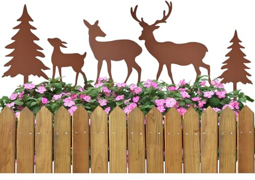 SKIPTHYBER Gartenstecker Hirsch Deko, 5er Roststecker Hirsch Weihnachten Garten Deko Rehe und Hirsche mit 2 Tannen Set Metall REH Weihnachtsdeko Gartendeko Landhausstil Frühlingsdeko Outdoor