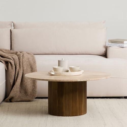 IDIMEX Couchtisch NARMADA aus Travertin und massivem Mangoholz, Braun - rund 80 cm, Beistelltisch in Marmor Optik, Wohnzimmertisch aus Naturstein, Travertintisch, Clubtisch modern, Coffee Table