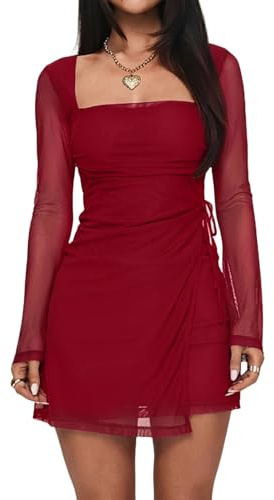 Women's Sexy Ruched Mesh Mini Dress Square Neck Long Sleeve Fitted Dress Elegant Club Party Dresses Wine Red S
