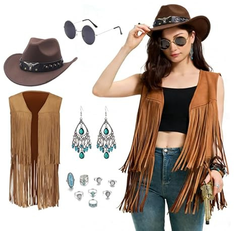 Generisch Cowgirl Kostüm Damen, 13-Teiliges Cowboy Kostüm Damen mit Fransenweste, Cowboyhüte, Ringe, Ohrringe, Sonnenbrille Western Outfit Damens für Karneval, Cosplay Party