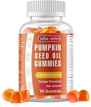 Seba Nutrition Pumpkin Seed Oil Gummies – 3000mg Hair Growth Support Supplement – Vegan, Sugar-Free, Gluten-Free – Orange Flavored – Hair Density & Scalp Nourishment – 90 Gummies for Men & Women