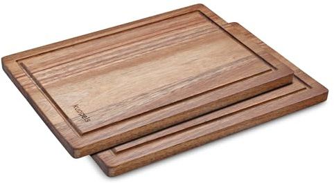Kuppels DICE Holz Schneidebrett 2er-Set, Saftrille, 32x21 cm, Akazienholz | Massives, antibakterielles und messerschonendes Servierbrett mit natürlicher Holzmaserung, sehr pflegeleicht