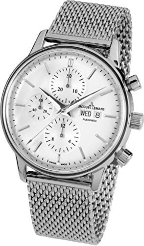 JACQUES LEMANS Herrenuhr Retro Classic Valjoux Metallband massiv Edelstahl Chronograph Big Date N-208E
