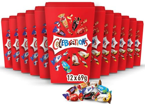CELEBRATIONS - Lot de 12 boîtes cadeaux de 69g avec assortiment de minis chocolats SNICKERS, TWIX, MARS, MALTESERS, BOUNTY et autres
