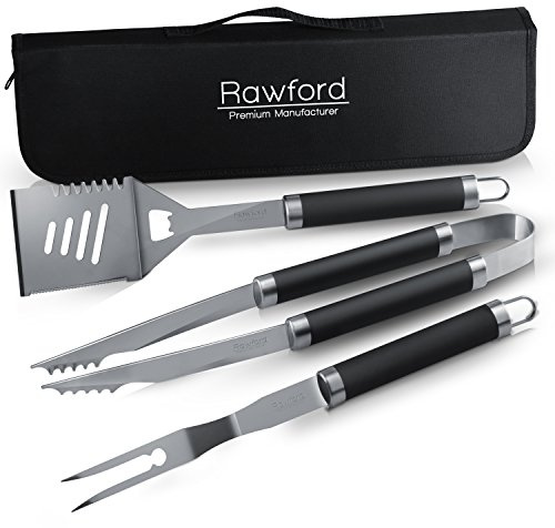 Rawford 3-teiliges Premium Grillbesteck-Set aus Edelstahl mit hochwertigen Langen Polymergriffen - Grillzubehör mit Grillzange, Grillwender, Fleischgabel, Aufbewahrungstasche, spülmaschinengeeignet
