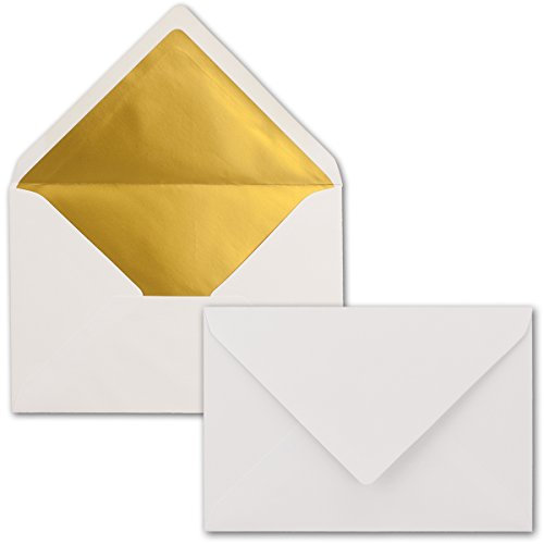 Kuverts Weiß - 200 Stück - Brief-Umschläge DIN C6-114 x 162 mm - 11,4 x 16,2 cm - Naßklebung - matte Oberfläche & Gold-Metallic Fütterung - ohne Fenster - für Einladungen