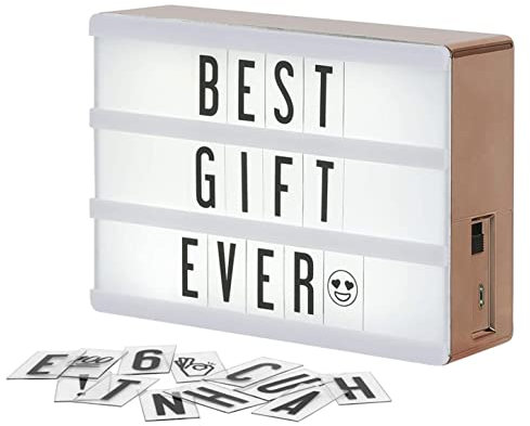 My Cinema Lightbox Boîte à lumière or rose, 10,2 x 15,2 cm – Boîte à lumière micro LED pour enfants avec 100 lettres, chiffres et émojis – Mini panneau à monter soi-même, avec câble USB tressé or rose