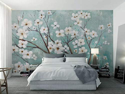 MIWEI Wallpaper Papier Peint Panoramique Blue Cerisiers Nordic Toile Fleur Papier Peint Nature Intissé Murale Chambre Salon（430cmX300cm）