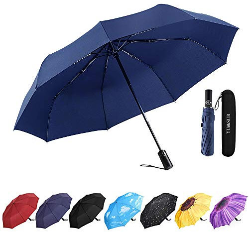 YumSur Parapluie Compact, Parapluie Pliable de Voyage, Coupe-Vent Automatique à Fermeture Automatique, poignée caoutchoutée pour Port en glissière, légère, renforcée, Portable, 10 Nervures Bleu