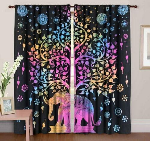 GDONLINE Indische Mandala-Baumwoll-Fenster-Türvorhänge, Elefant unter Baum, Schlafzimmer, Türvorhänge, Dekor, Mandala-Wandteppich, Boho-Fensterbehandlungen, Kinder, Mädchen, Wohnzimmer,
