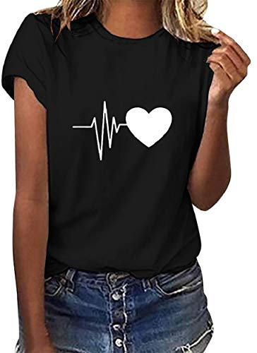 Yuson Girl Magliette Donna Manica Corta Amore/Pianeta Astronauta T-Shirt Cotone Maglietta Elegante Donna Casual Stretch Sciolto Top Magliette Estive con Girocollo Blusa Taglie Forti(A-Nero, M)