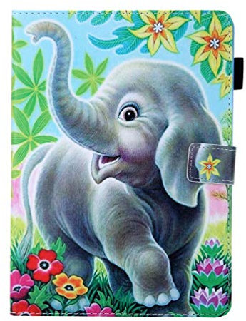 AIFILLE Protection Tablette 10 Pouces Universel Coque en Cuir PU Bumper 360 Integrale Antichoc Pochette Enfant Etui a Rabat Smart Cover pour Tablette Tactile 10 avec Motif Animaux Éléphant et Fleurs
