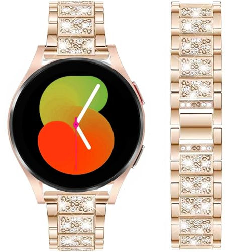 DEALELE Strap Compatible with Samsung Galaxy Watch 7 / FE / 6/6 Classic / 5/5 Pro / 4/4 Classic / 3 41mm, 20mm Bling Diamond Metal Replacement Bands for Huawei GT3 42mm Women Men, Rose gold