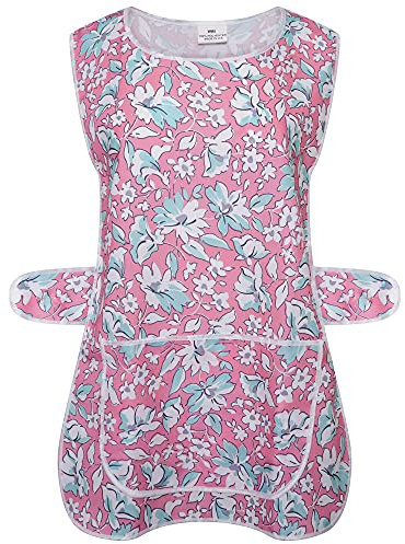 Ladies Womens Tabard Floral Home Work Tabards Overall Kitchen Cleaning Apron One Big Pocket (Pink, 3XL)