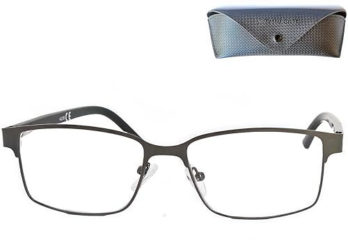 Mini Brille Dünne Metall Anti Blaulicht Brille Lesebrille mit rechteckigen Gläsern, Gratis Etui, Edelstahl Brillengestell (Graphit), Blaulichtfilter Brille Herren und Damen 1.5 Dioptrien
