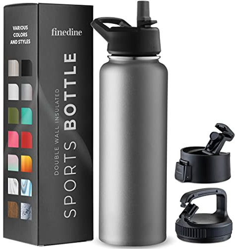 FineDine Triple Walled, Insulated Water Bottles with Straw - 40 Oz Stainless Steel Metal Bottle W/ 3 Leak Proof Lids - For Travel, School, Sports, Gym/Men, Women & Kids - Modern Lava Gray