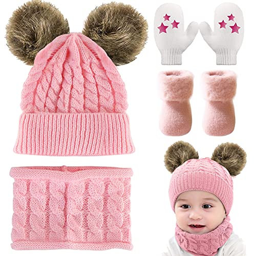 CheChury Warme Winter Mütze Schal Kinder Sets Baby Mädchen Beanie Hut Jungen Strickmütze mit Bommel Babymütze Schlupfmütze für 0-3 Jahre Kinder (D-Rosa, One Size)