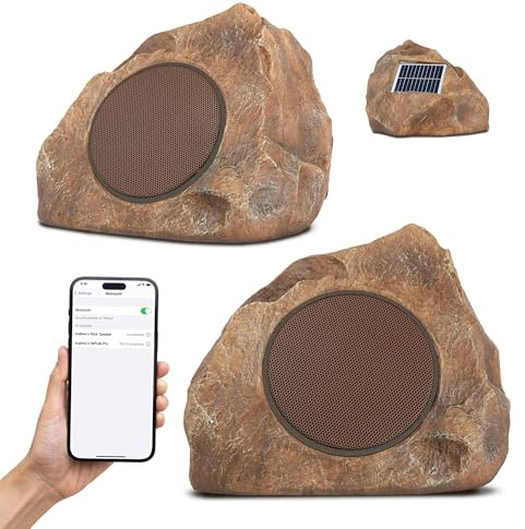 Homewell Outdoor Rock Speaker Solar-Powered Wireless Bluetooth 5.0 Portable Speaker Weatherproof for Patio, Pool, Deck, Yard, Garden and Home (Brown, 2-Pack)