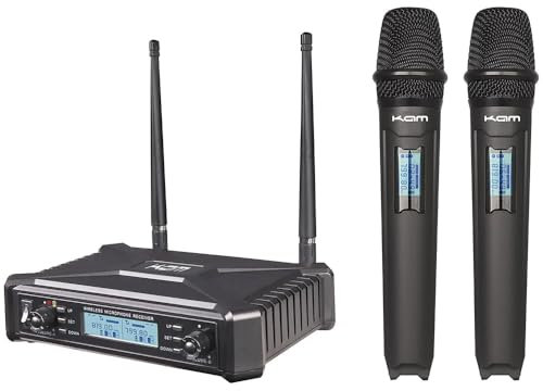 Kam KWM1920 Dual Wireless Microphone System with UHF Multi-Channel Receiver, 2 Handheld Mics, LCD Display, and Carry Case