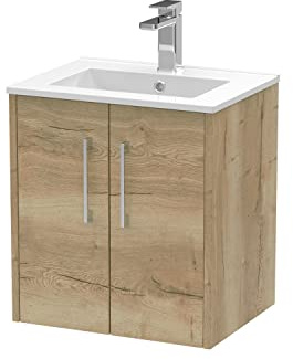 Hudson Reed JNU1821B Juno Modern Bathroom Wall Hung 2-Door Vanity with Minimalist Ceramic Basin, 500mm, Woodgrain Autumn Oak