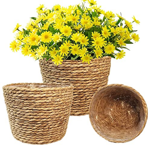 KMERCE 3 coprivaso vimini, Cesto per piante da interno, Cesta Piante Seagrass, Vasi fiori giardino decorativi, cesto portaoggetti, Portavaso, Cestini di Piante Naturale,diametro 18cm, 22cm, 25cm