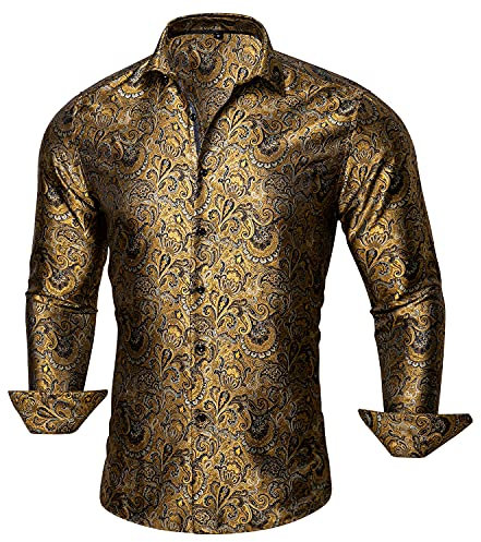 Barry.Wang Herren Paisley Bequemer Schnitt für große und große Männer Hemd Seide Business Hochzeit Freizeithemd für Männer Gold S-3XL
