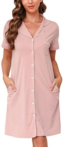 Vlazom Women Soft Nighties V-Neck Button Down Nightdress Classic Boyfriend Style Sleepshirt Relaxed Nightshirt Sleepwear Pink,M