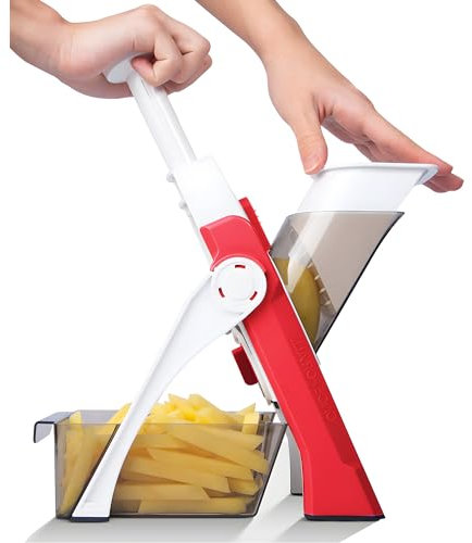 QieCai Gemüseschneider, sicherer Mandolinenschneider für Küche, verstellbarer Kartoffelschneider, aufrechter manueller Lebensmittelzerkleinerer, Gemüsewürfel, Küchenhelfer-Sets (rot)