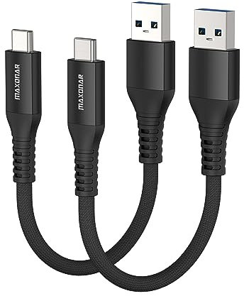 Maxonar USB C Cable Short 15cm/0.15M 2Pack 10Gbps Data USB3.2 Gen2 Type C Android Auto Cable QC3.0 3.1A USB A to C Fast Charge for Samsung Note20 Galaxy S24/S23/S22 Z Flip5 Tab S9 Pixel 9 Black